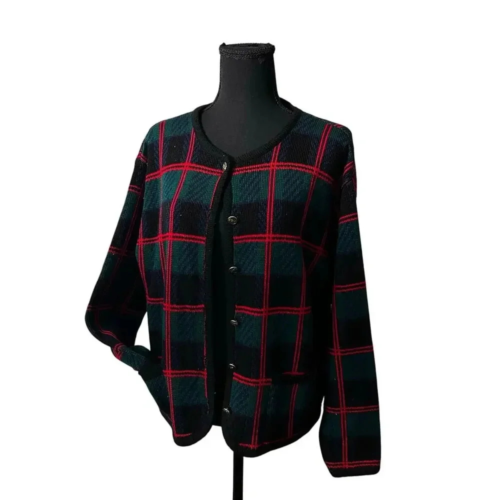 Vintage Plaid Button Front Cardigan Sweater Tally Ho Women’s XL